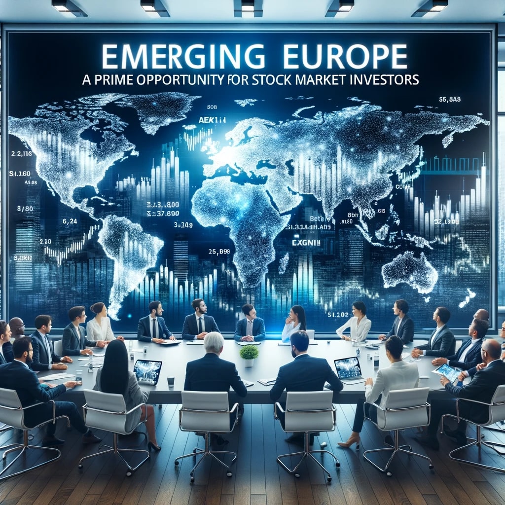 DALL·E 2023 10 16 17.03.02 Photo of a diverse group of stock market investors in a conference room in Emerging Europe discussing strategies and looking at projections on a larg - Emerging Europe: Opportunity For Stock Market Investors - seat11a Insights -%sitename%