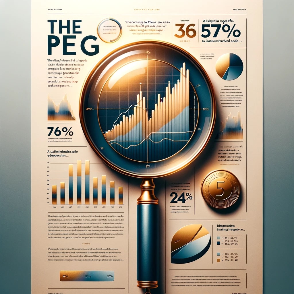 DALL·E 2023 10 16 17.31.32 Photo with a soft gradient background transitioning from cool blue on the left to warm gold on the right. In the center left theres a magnifying gla - Unravelling the PEG Ratio: A Key Tool in the Investor's Arsenal -%sitename%