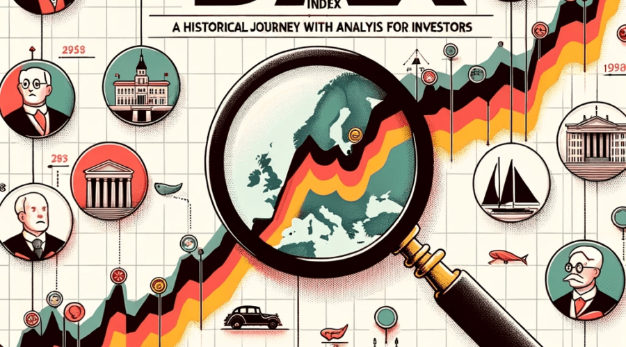 DALL·E 2023 10 16 21.27.45 Illustration of a timeline depicting key milestones in the DAXs history with icons representing different German companies. A magnifying glass hover min - The German DAX Index: A Historical Journey with Analysis for Investors -%sitename%
