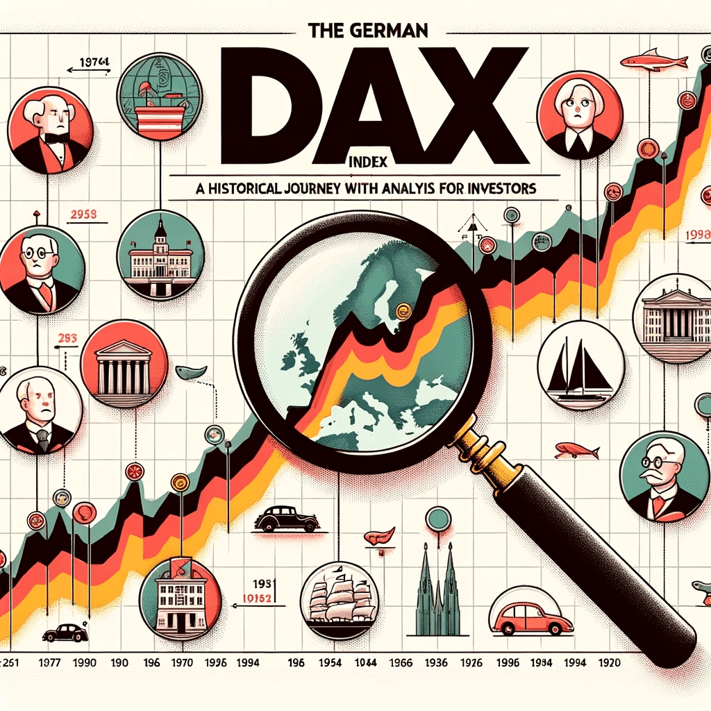 DALL·E 2023 10 16 21.27.45 Illustration of a timeline depicting key milestones in the DAXs history with icons representing different German companies. A magnifying glass hover min - The German DAX Index: A Historical Journey with Analysis for Investors -%sitename%