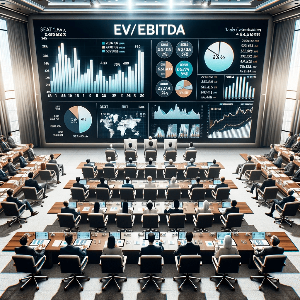 DALL·E 2023 10 16 21.43.18 Photo of a grand conference room where a diverse group of investors and analysts are gathered around a large screen displaying graphs and charts. The min - Unlocking the EV/EBITDA Ratio: Detailed Examination for Investors -%sitename%