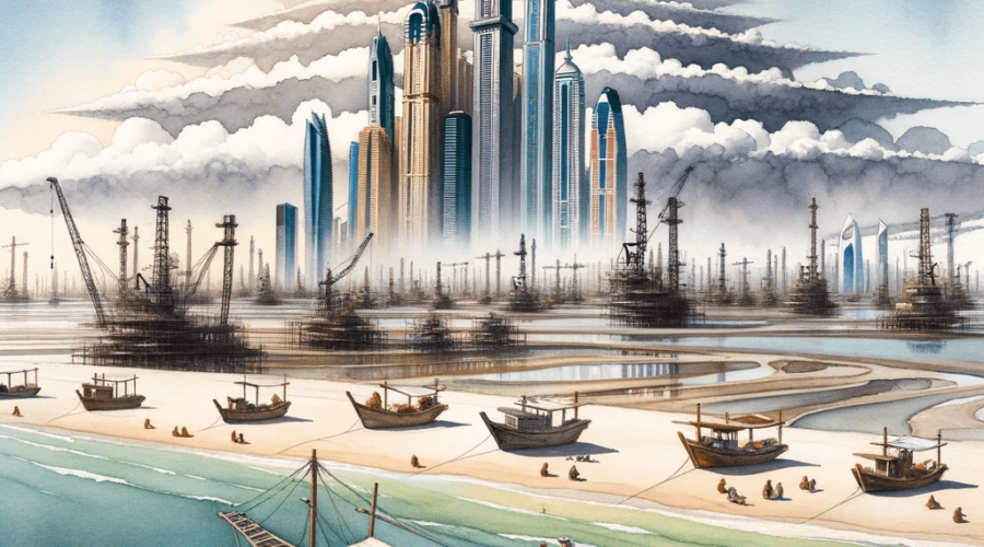 DALL·E 2023 10 16 21.57.40 Watercolor painting of Dubais shoreline as seen from the sea. The citys evolution is shown in layers starting from the sandy shores with fishermen min - Dubai's Economic Journey: Birth Of A Global Powerhouse - seat11a -%sitename%