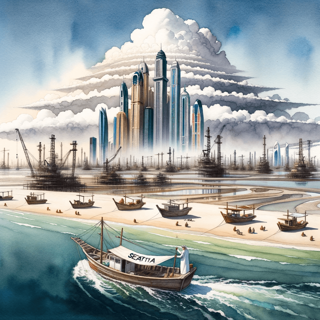 DALL·E 2023 10 16 21.57.40 Watercolor painting of Dubais shoreline as seen from the sea. The citys evolution is shown in layers starting from the sandy shores with fishermen min - Dubai's Economic Journey: Birth Of A Global Powerhouse - seat11a -%sitename%