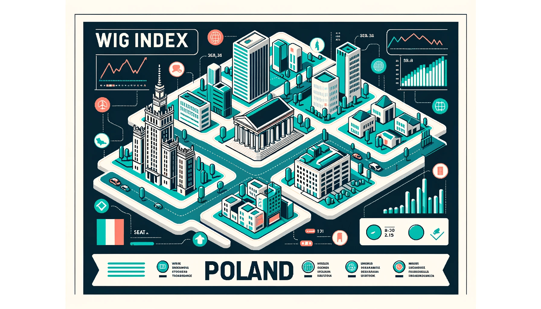 DALL·E 2023 10 16 22.53.46 Vector illustration of a simplified and stylized map of the WIG INDEX Poland stock exchange area. Key buildings are represented with icons and there min - A Comprehensive Guide To The WIG Index: History & Comparison - seat11a -%sitename%