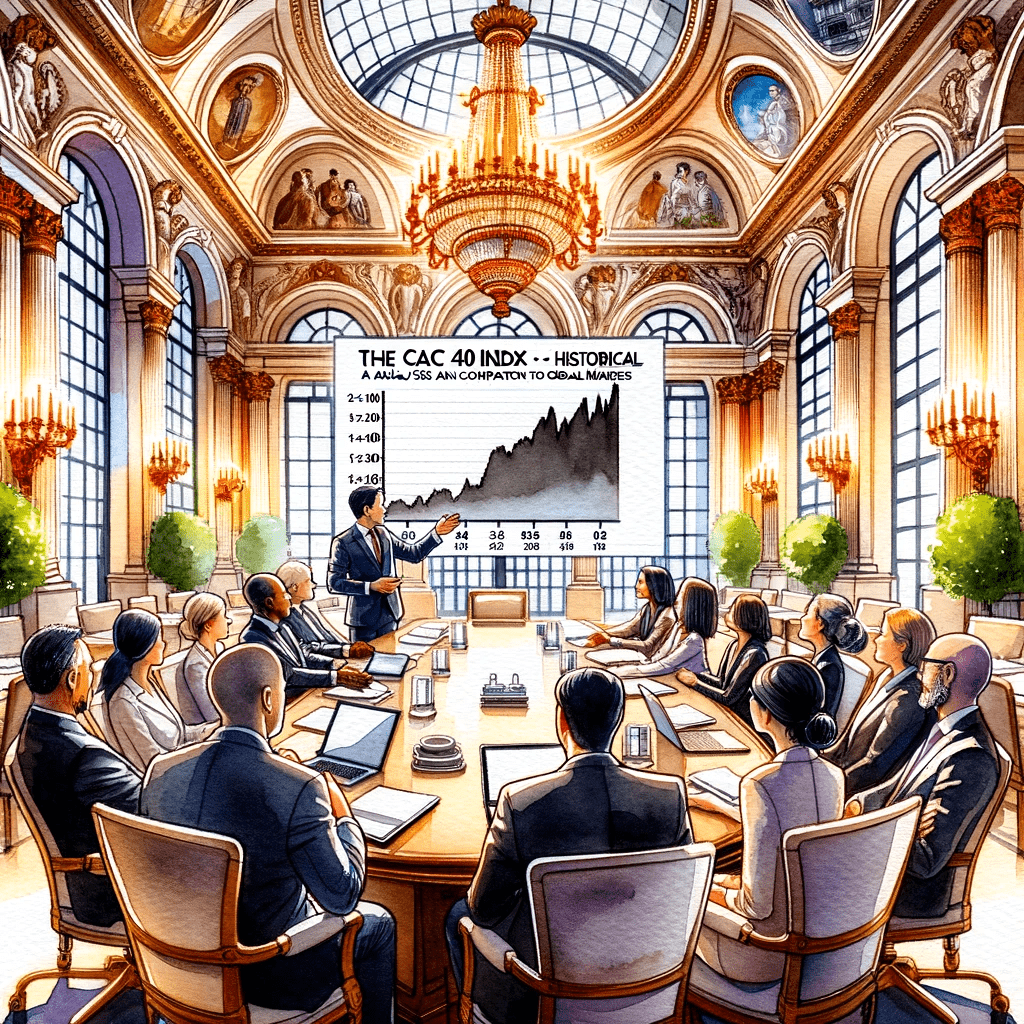 DALL·E 2023 10 16 23.15.04 Watercolor painting of a grand conference room. In the center a diverse group of three business professionals a Caucasian woman an African man and min - CAC 40 Index: Historical Analysis & Global Market Comparison - seat11a -%sitename%