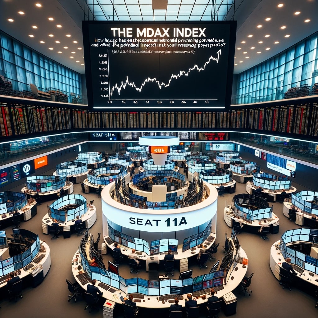 DALL·E 2023 10 16 16.16.16 Photo of a stock market trading floor filled with traders monitoring the MDAX Index on their screens. A large central screen displays the MDAX perform - MDAX Index: Germany's Mid-Cap Powerhouse Explained -%sitename%