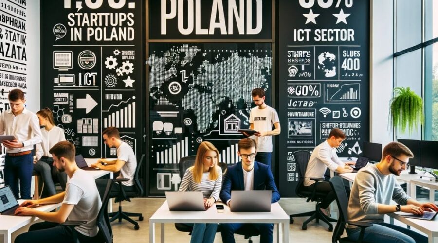 DALL·E 2023 10 16 16.40.36 Photo of a vibrant tech hub in Poland. Young professionals are collaborating in an open workspace with laptops and whiteboards. Infographics on the w - Polish Stocks & Funding Through Warsaw Stock Exchange -%sitename%