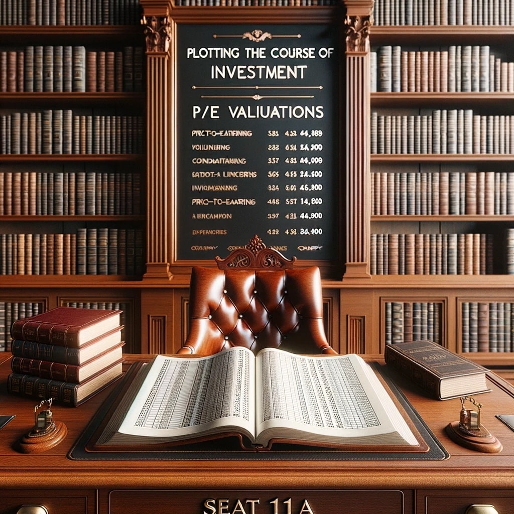 DALL·E 2023 10 16 16.48.14 Photo of a serene library setting with mahogany bookshelves filled with financial books. A vintage desk in the foreground holds an open ledger highlig - Decoding Price-to-Earnings (P/E) Valuations - seat11a Insights -%sitename%
