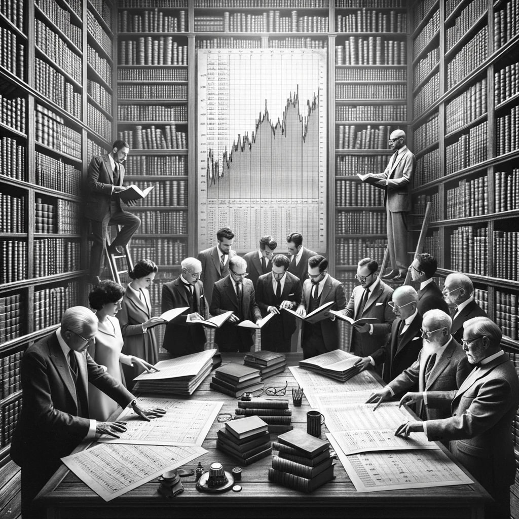 DALL·E 2023 10 22 11.03.40 Old style black and white photo of a diverse group of investors in a vintage office setting surrounded by tall bookshelves filled with financial book - Decoding George Soros: From Humble Beginnings to Investment Icon -%sitename%