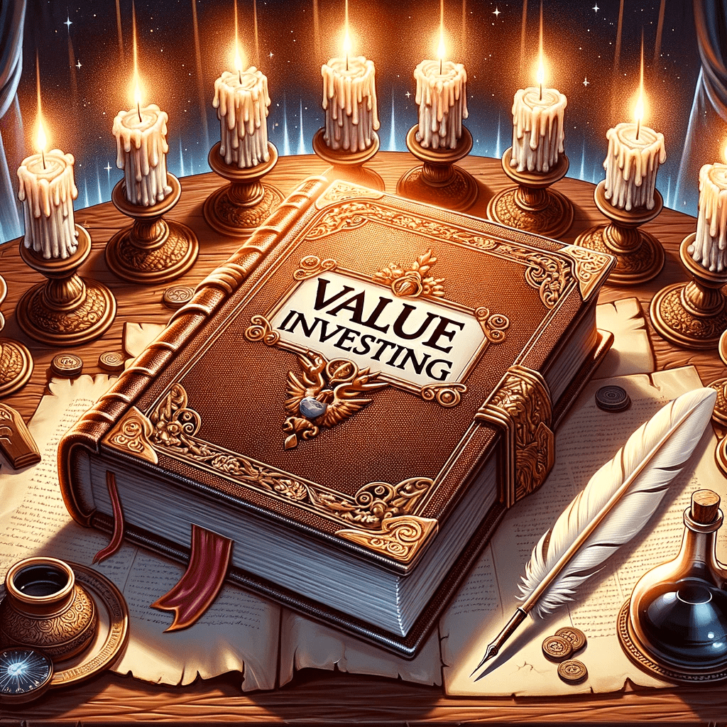 DALL·E 2023 10 22 15.03.13 Illustration of a large ancient tome labeled Value Investing placed on an ornate wooden desk with a quill and inkpot surrounded by glowing candlel min - Benjamin Graham: The Father of Value Investing -%sitename%