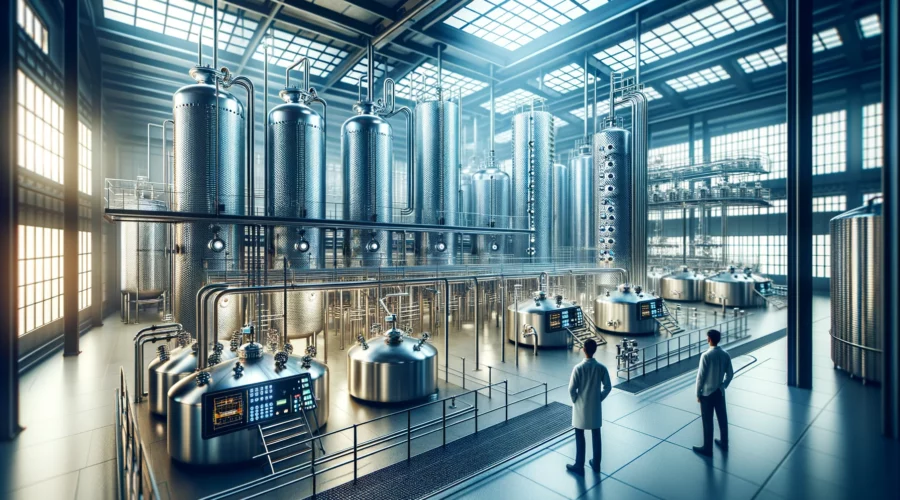 DALL·E 2024 03 03 14.29.39 Visualize a modern alcohol distillery focusing on cutting edge technology and contemporary design. Imagine sleek stainless steel fermenting tanks an - Berentzen AG: A Legacy of Innovation and Adaptability -%sitename%